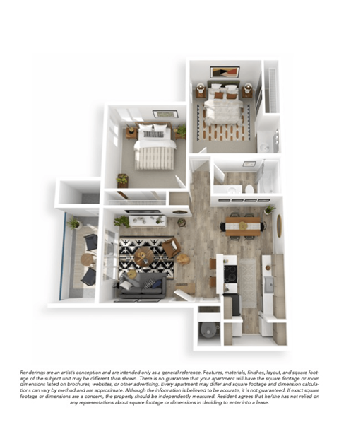 Floor plan for 2 beds, 1 bath, 915 sqft